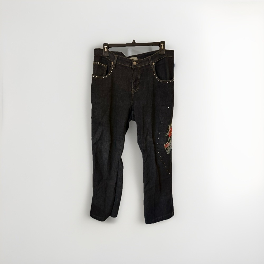 F L Jeans Embroidered  Womens 16 Dark wash blue denim Y2k Sequin Flower